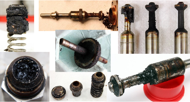 Examples of coking in 3-Way Purge Valve and Liquid Fuel Check Valve