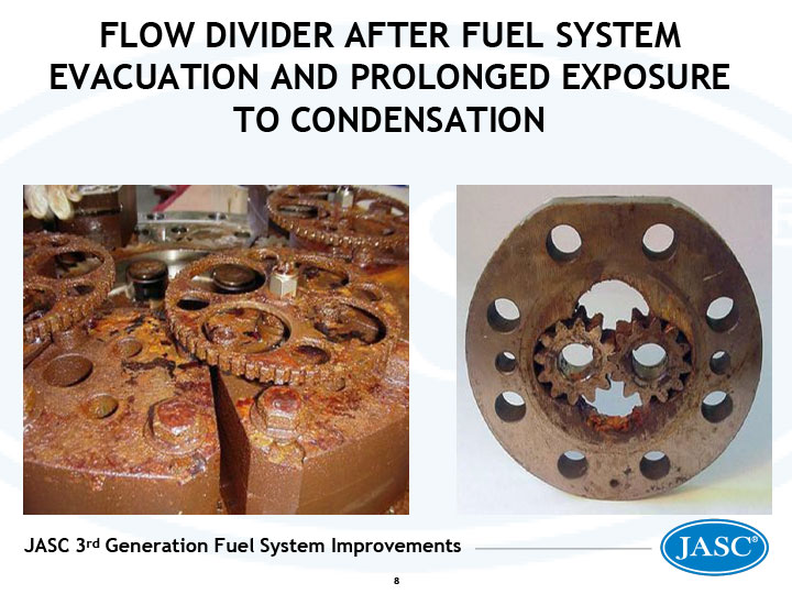 Flow divider after fuel system evacuation and prolonged exposure to condensation