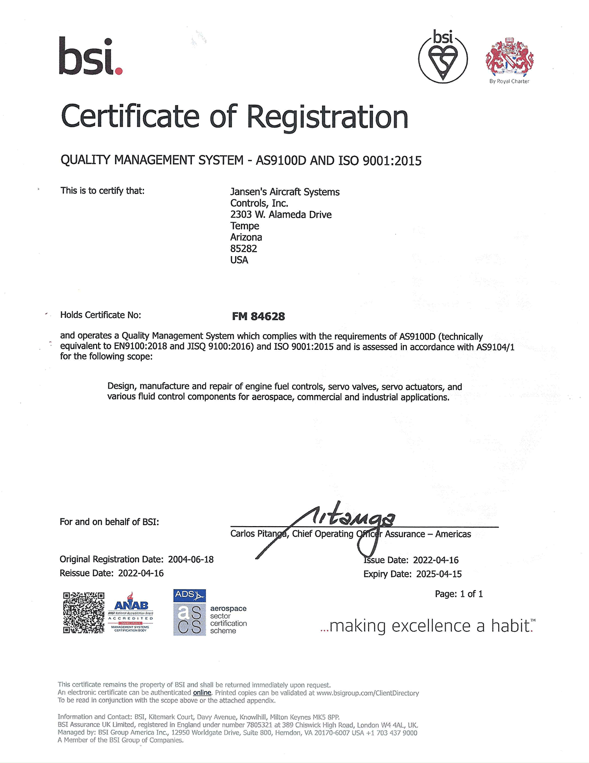 Certificate of registration AS9100D and ISO 9001:2015