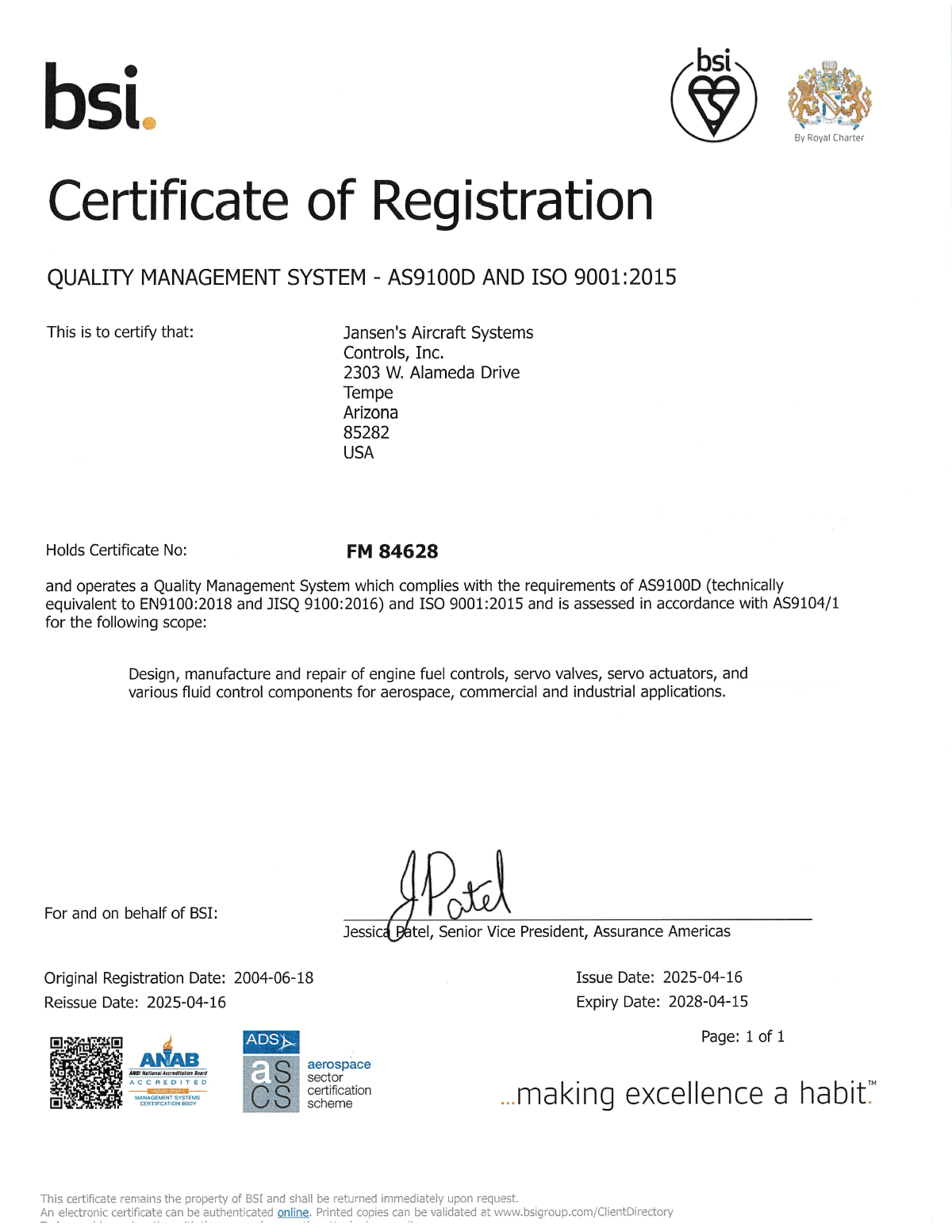 AS9100D and ISO 9001:2015 BSI Certificate of Registration